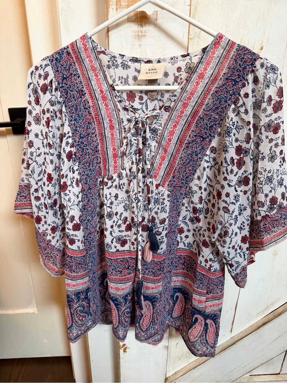 Knox Rose White Floral Boho Tie-Front Tunic with Navy and Red Details